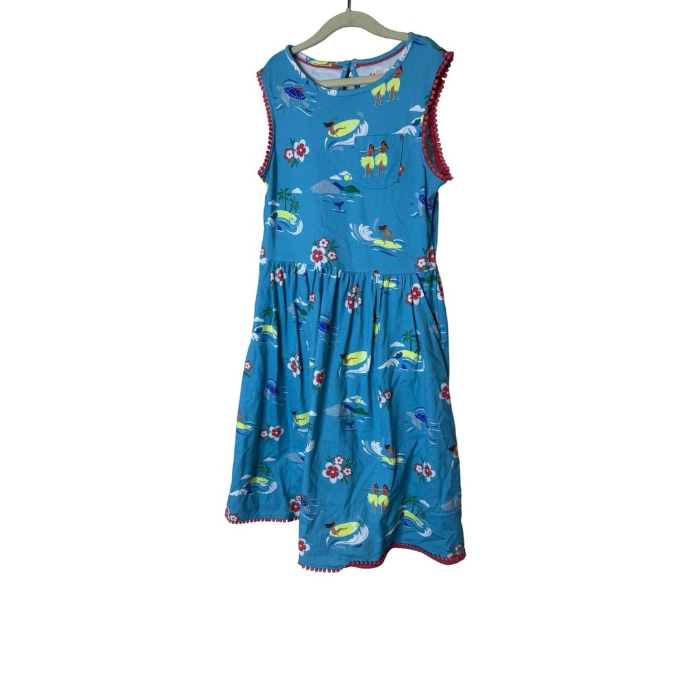 Mini Boden Dress Girls 11-12Y Blue Tropical Hula Surf Print Sleeveless Lace Trim